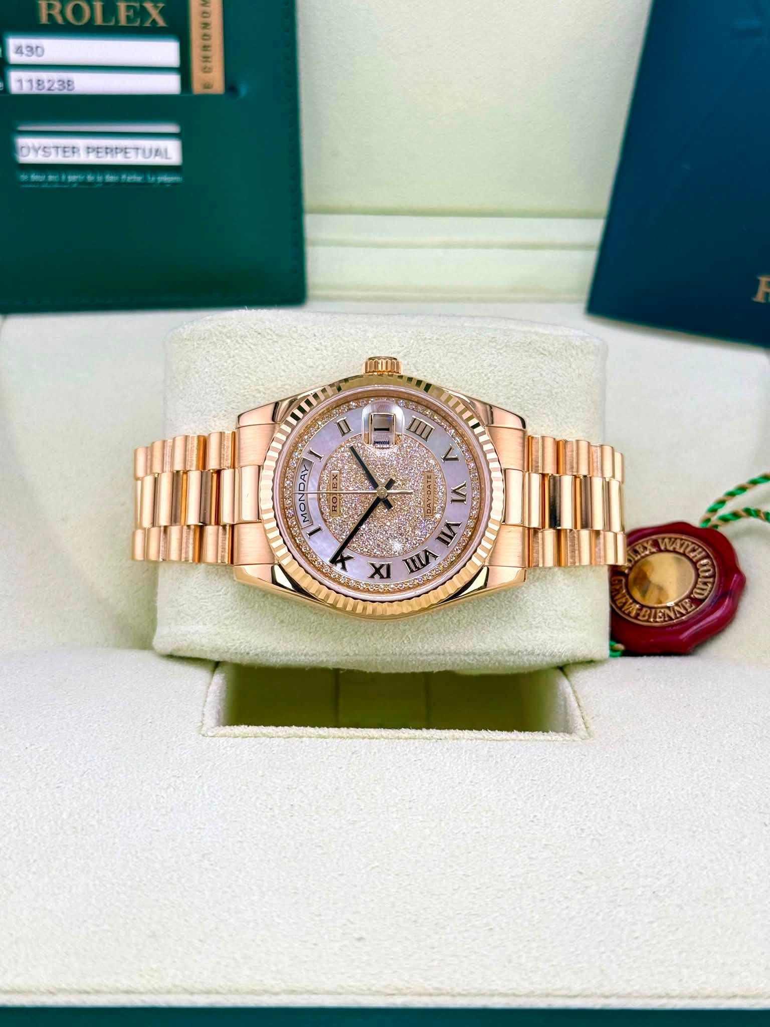 734152427_1020605514053590_5455202862834589393_n VERY RARE FACTORY BUILD 36mm Rolex MOP Pave Day Date President - Image 1